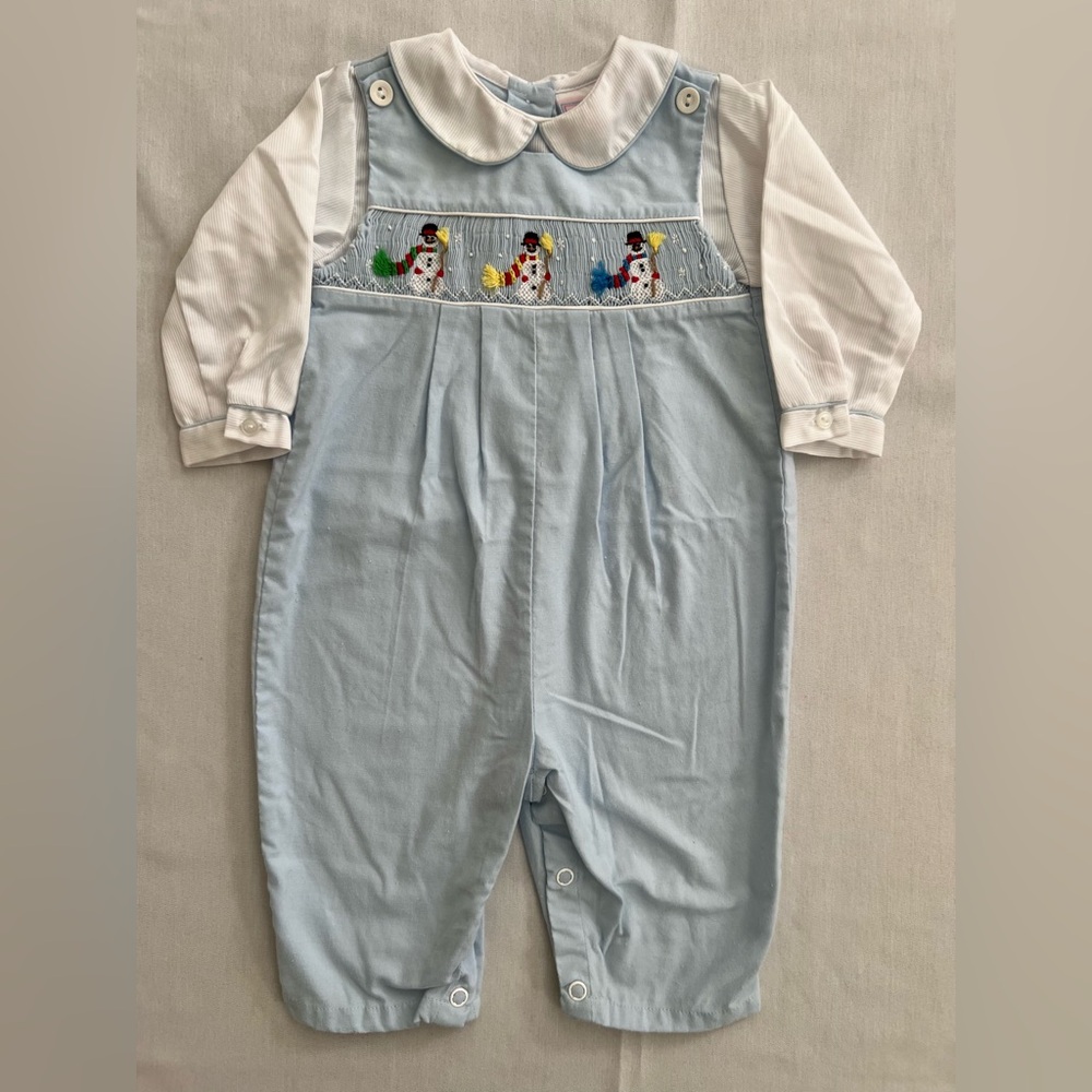 Vintage Petit Ami Light Blue Kids Overalls Longall with Snowman Smocking 6M boys